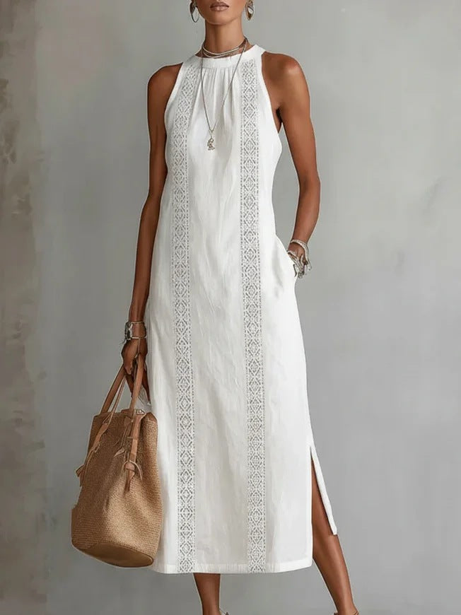 Women's Halter Neck Sleeveless Dress Lace Patchwork Holiday Style Summer Top - cas7m