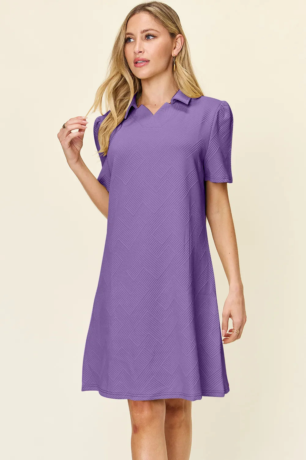 Double Take Full Size Texture Collared Neck Short Sleeve Dress - cas7m
