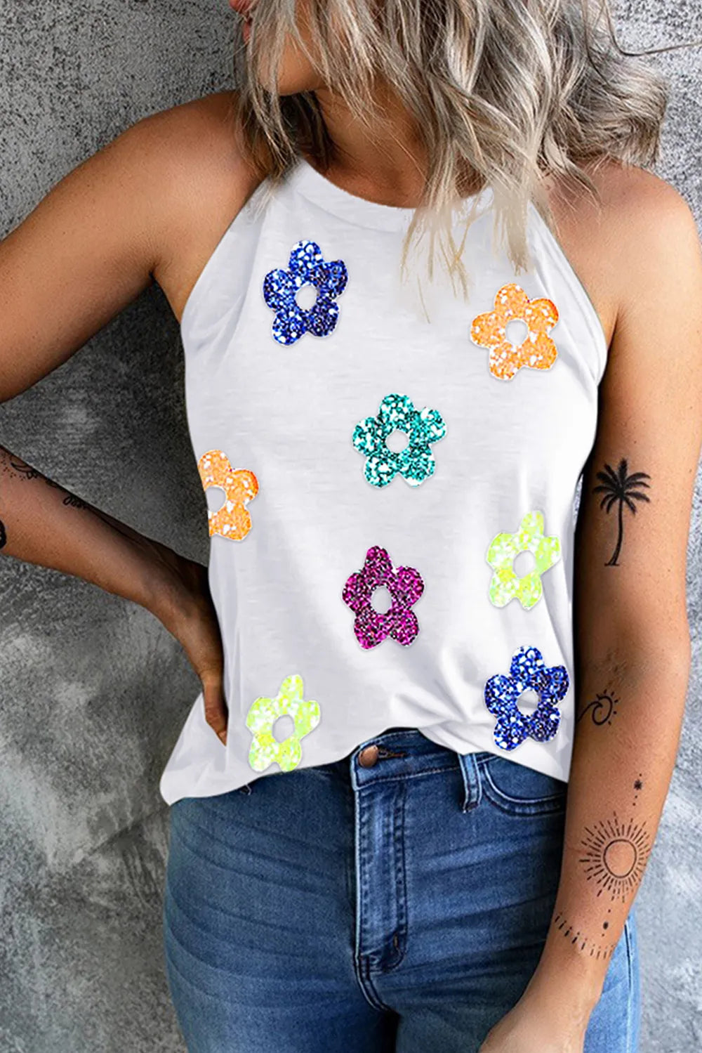 Sequin Flower Grecian Neck Tank - cas7m