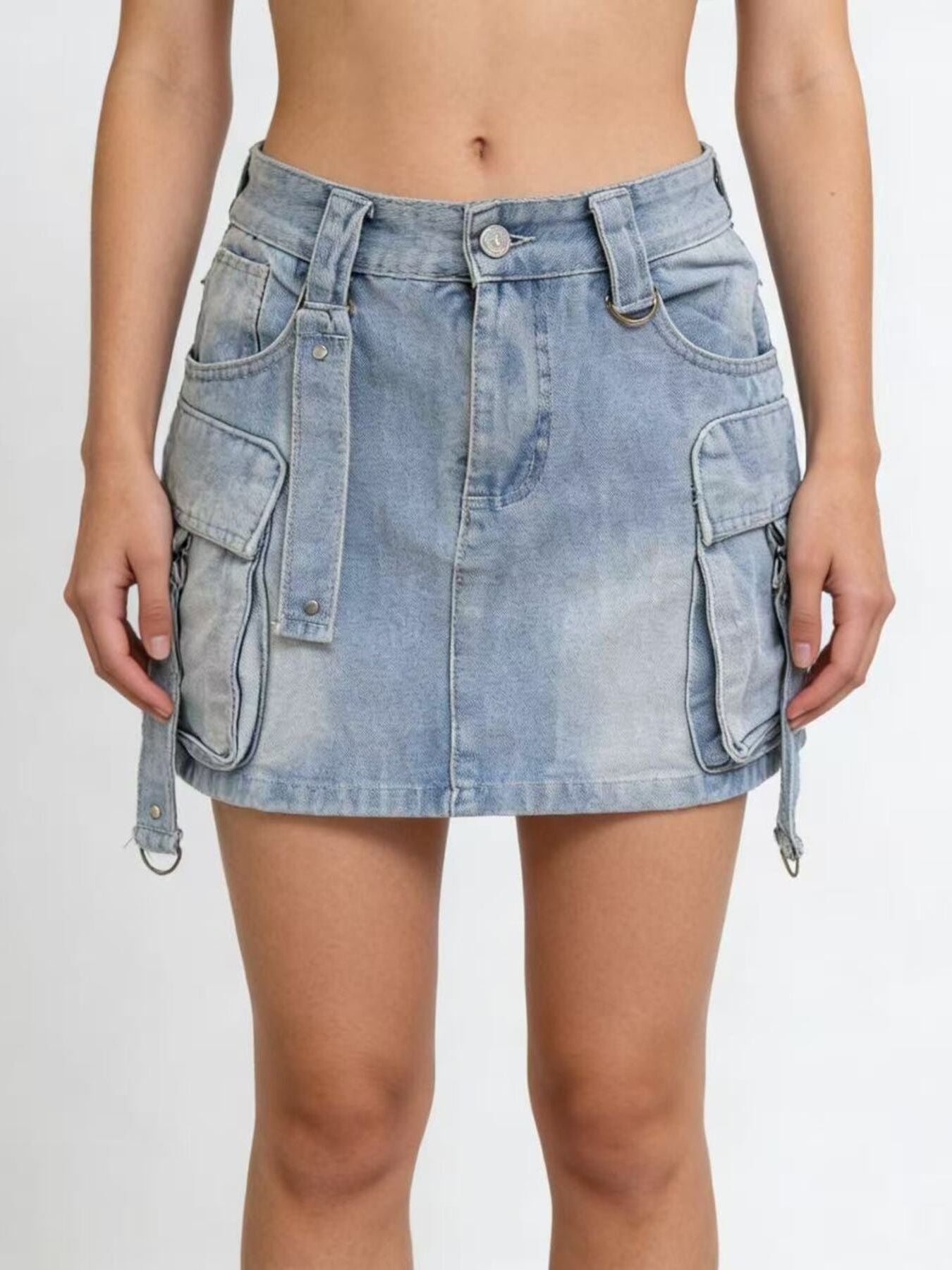 Washed Cargo Denim Skirt - cas7m
