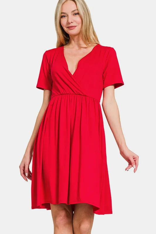 Zenana Surplice Short Sleeve Brushed DTY Dress - cas7m