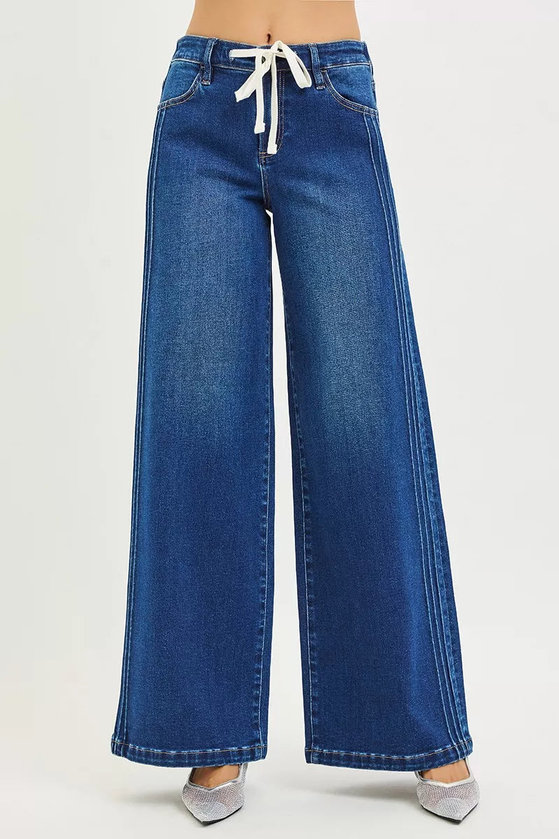 RISEN Full Size Mid Rise Wide Side Pintuck Jeans with Front Drawstring Plus Size - cas7m