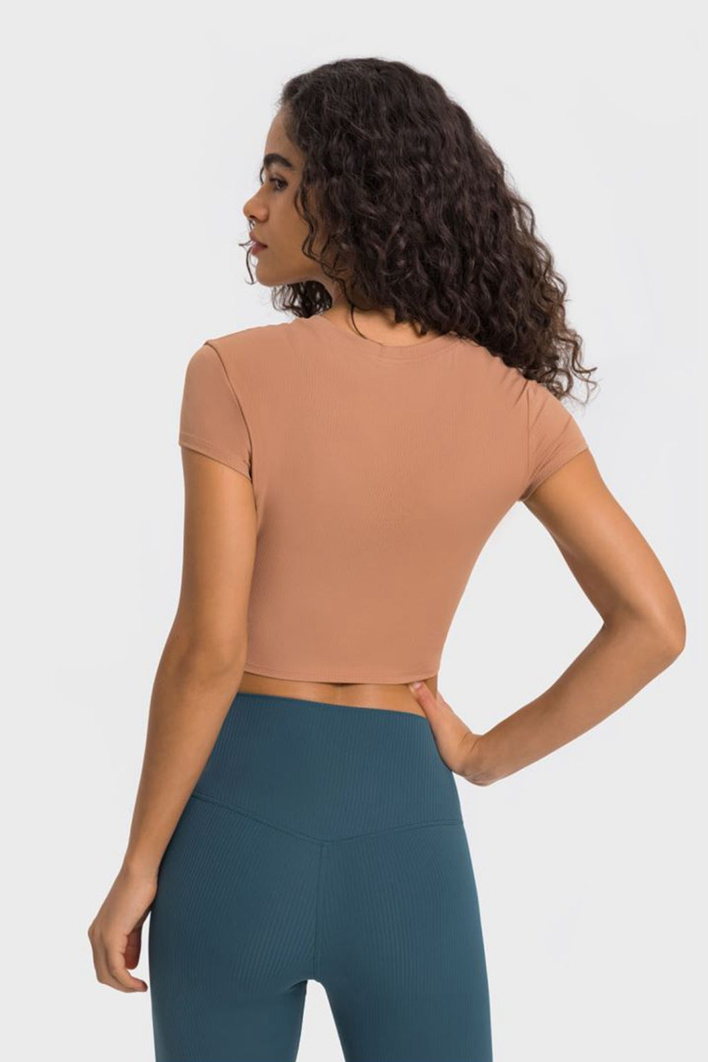 Soft Flex Cropped Yoga Top - Stretchy Solid Short Sleeve - cas7m