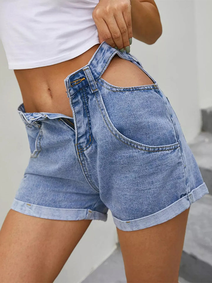 High-Waisted Cutout Denim Shorts - cas7m