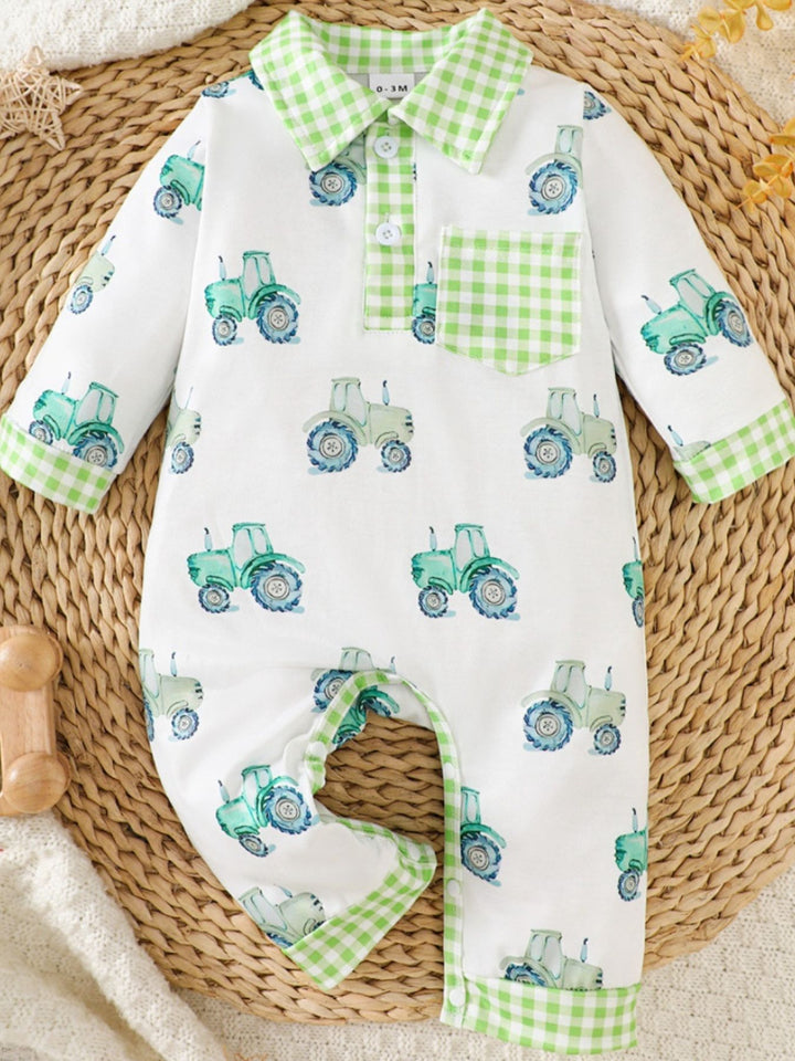 Children's Tractor Print Gingham Trim Baby One-Piece - cas7m
