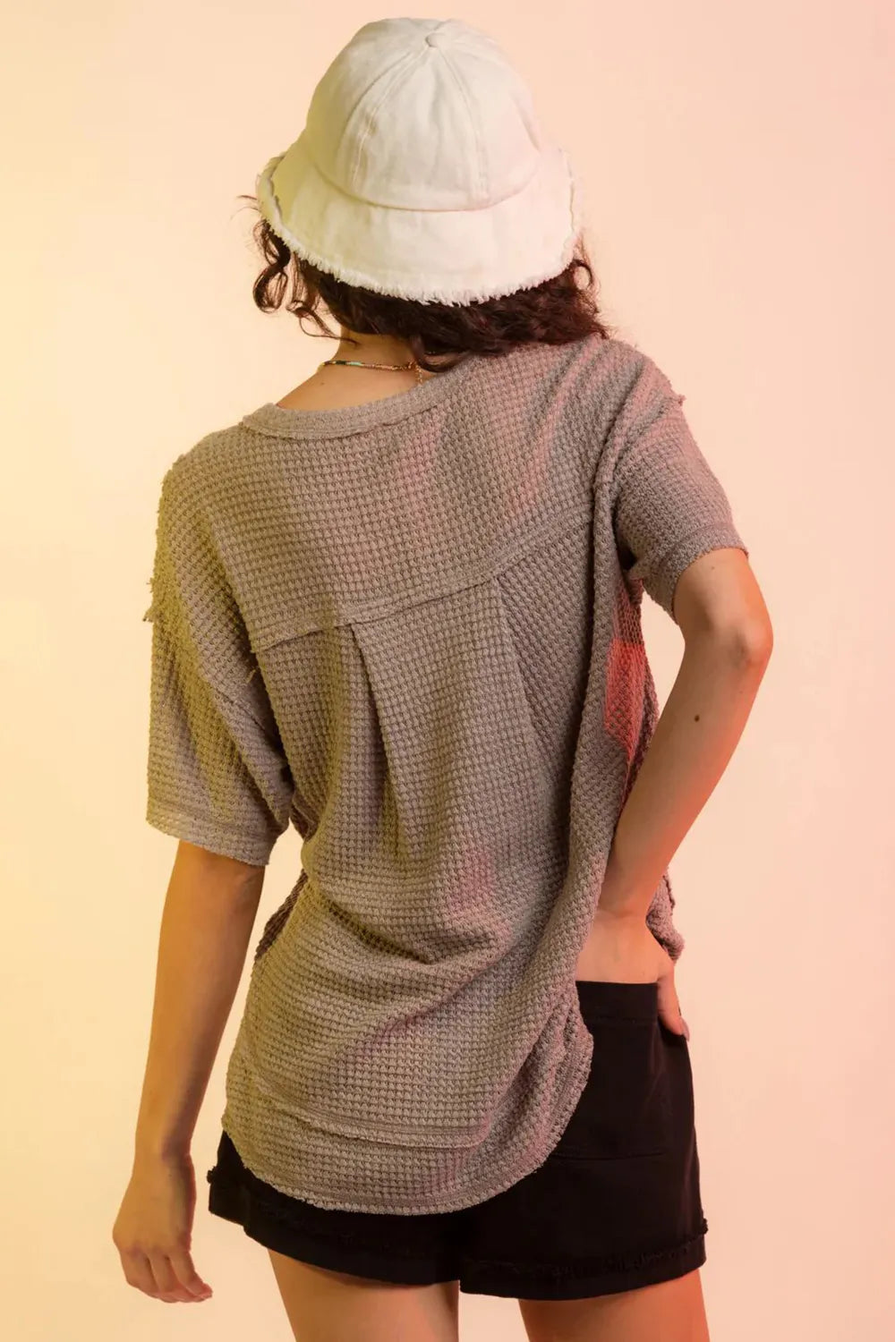 Waffle-Knit Notched Half Sleeve T-Shirt - cas7m
