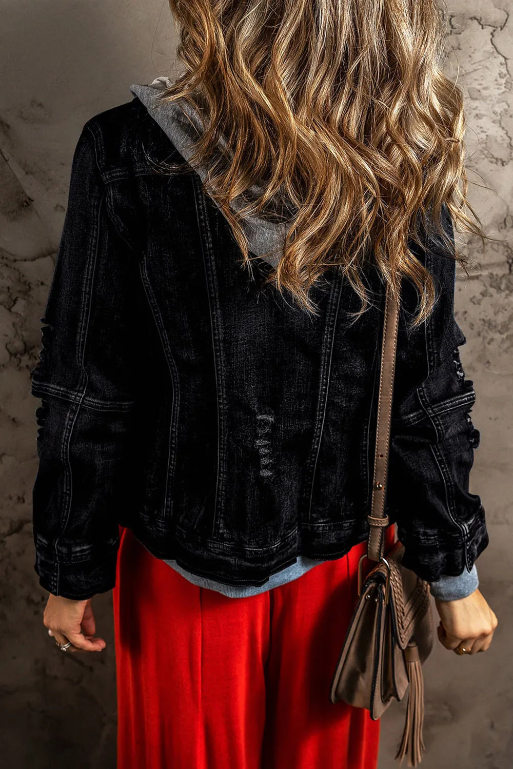 Fake Two-Piece Hooded Zip-Up Denim Jacket - cas7m