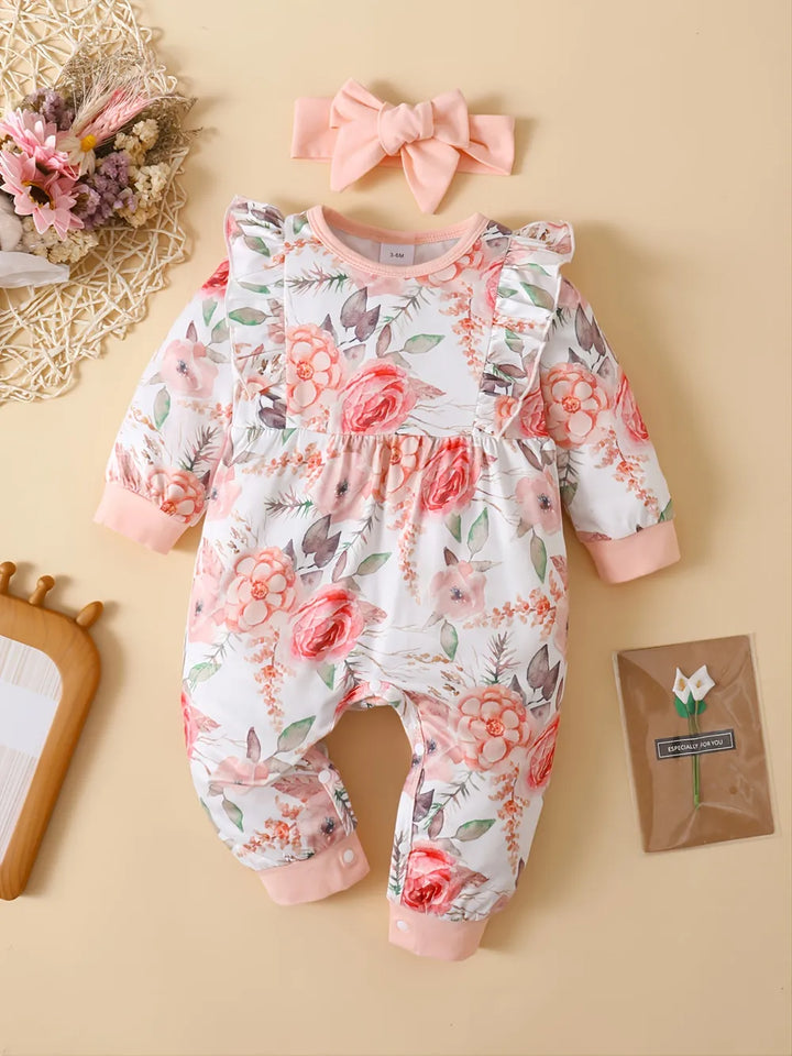 Ruffled Floral Round Neck Jumpsuit with Headband - cas7m