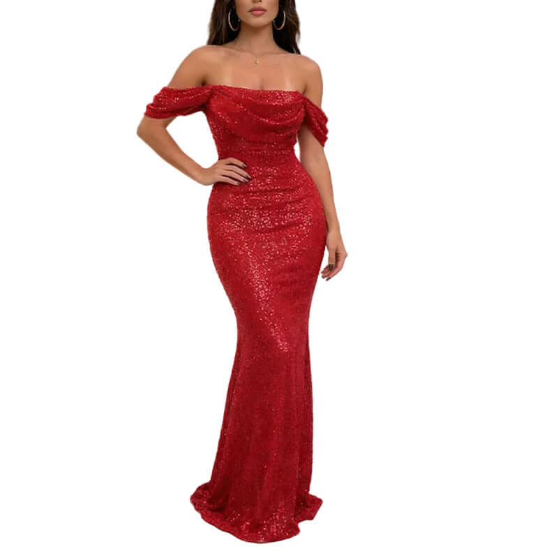 Women's Sexy Sequin Off-Shoulder Split Dress - Sparkly Off Shoulder Summer Party Long Dresses Evening Party Gown - cas7m