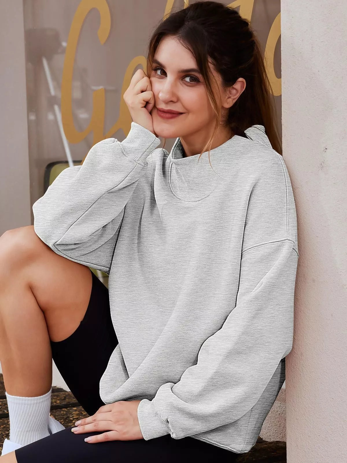 Mock Neck Dropped Shoulder Sweatshirt - cas7m