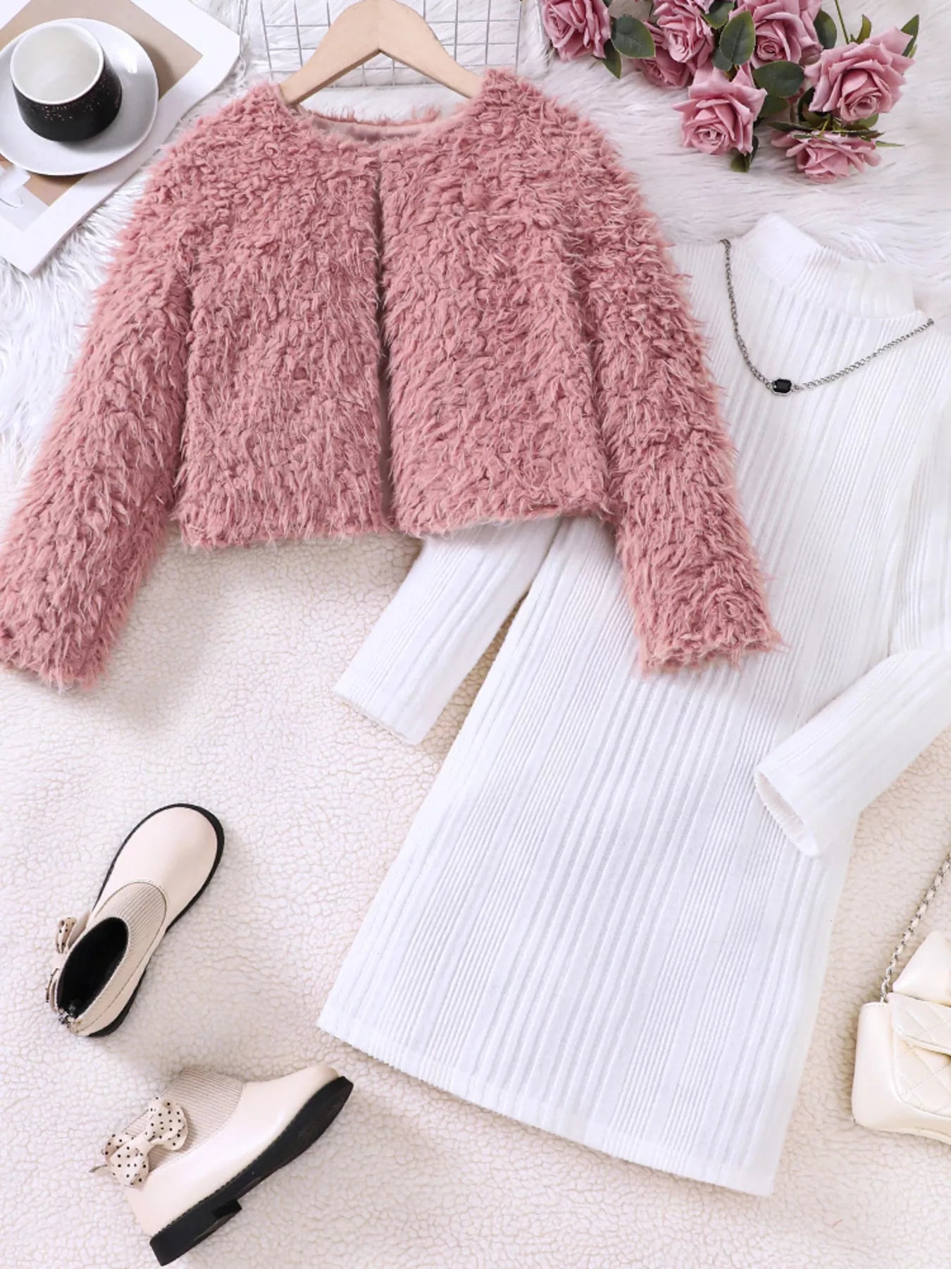 Children's Faux Fur Jacket & Ribbed Dress Set - cas7m