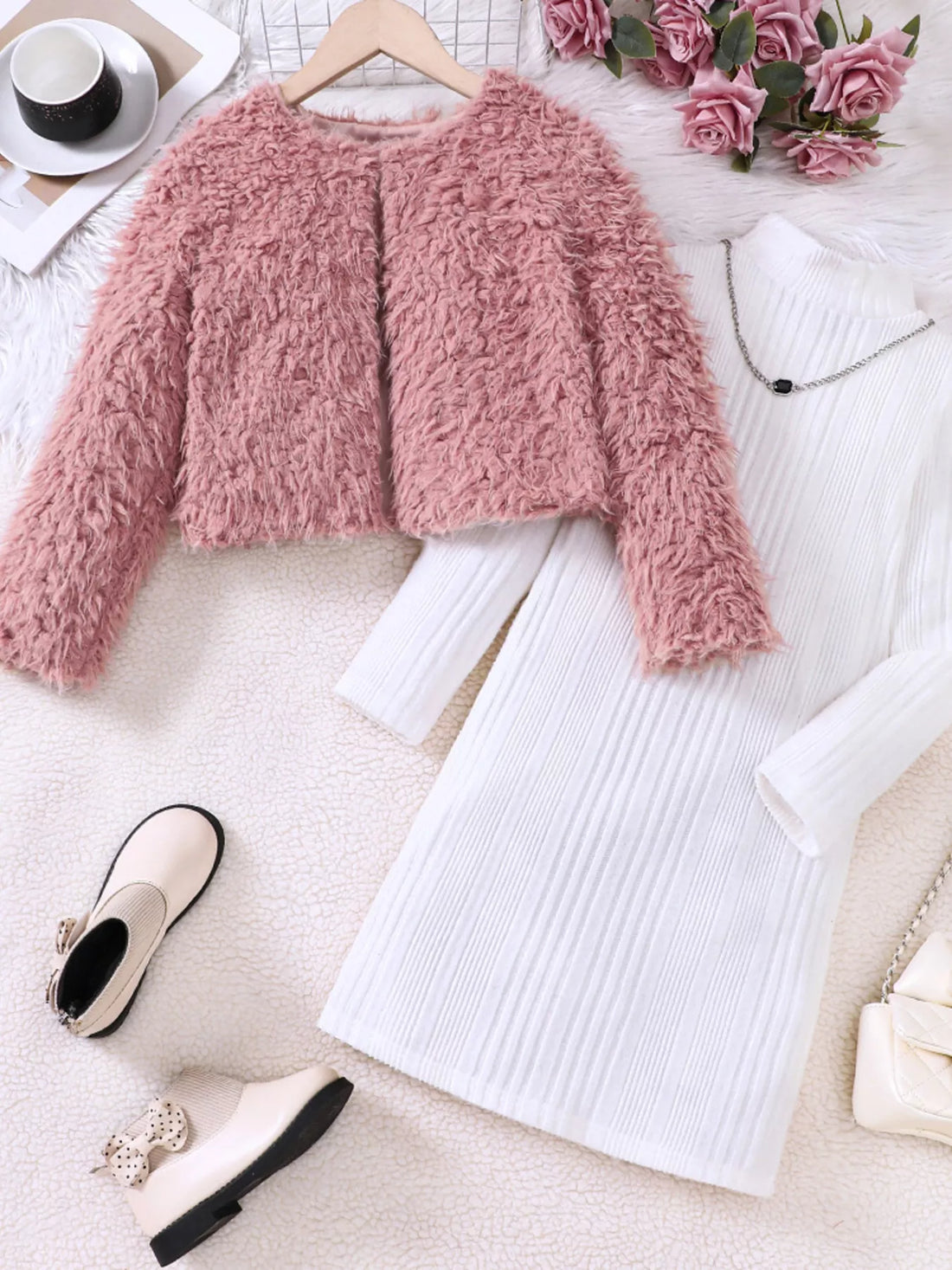 Children's Faux Fur Jacket & Ribbed Dress Set - cas7m