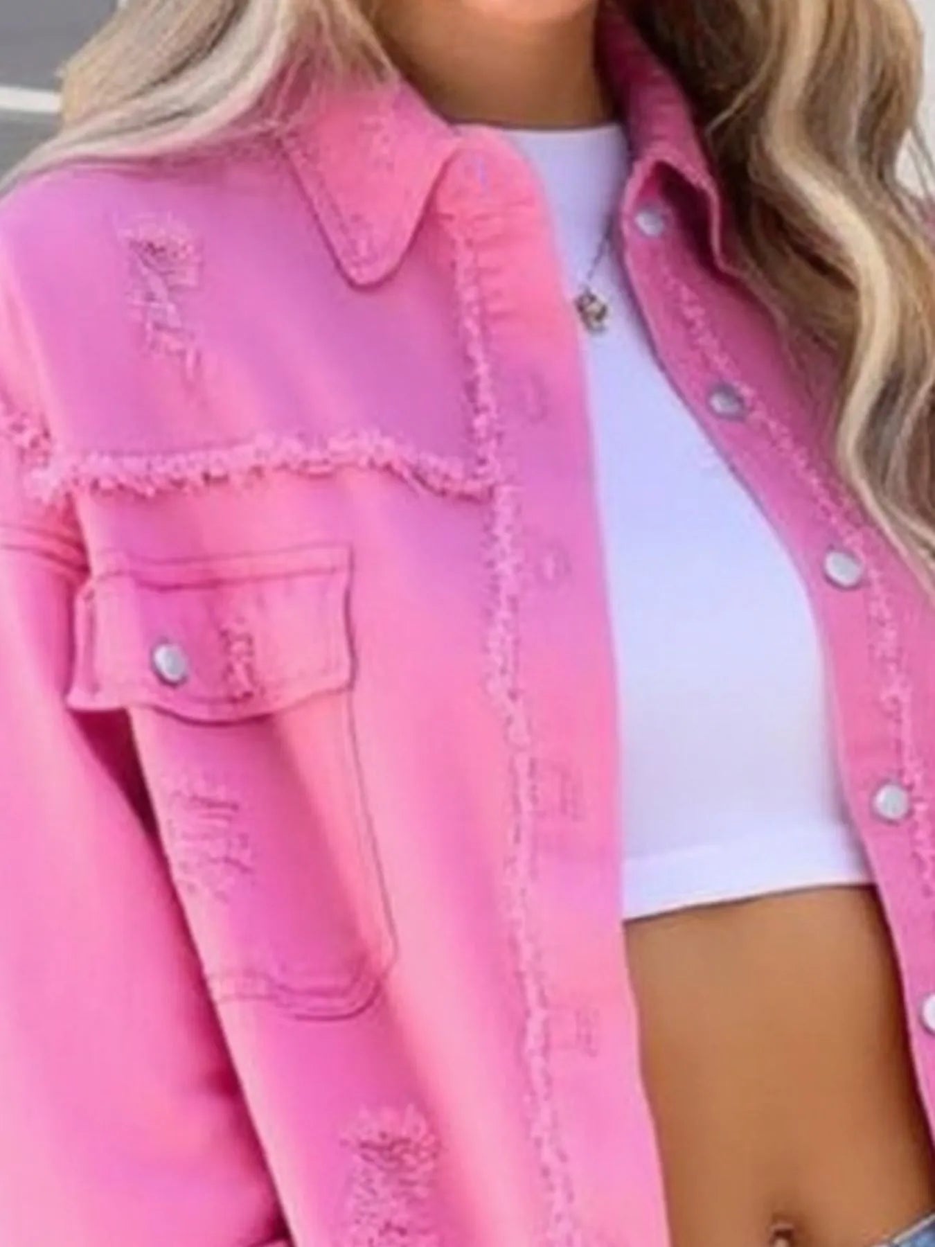 Distressed Denim Jacket with Frayed Edges - cas7m