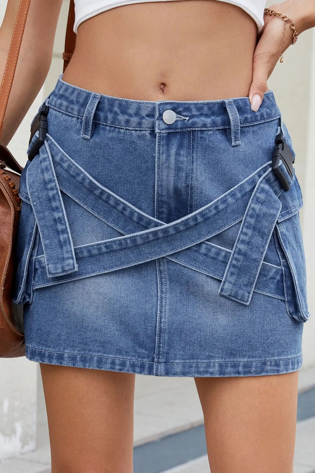Criss-Cross Waist Detail Denim Mini Skirt - cas7m