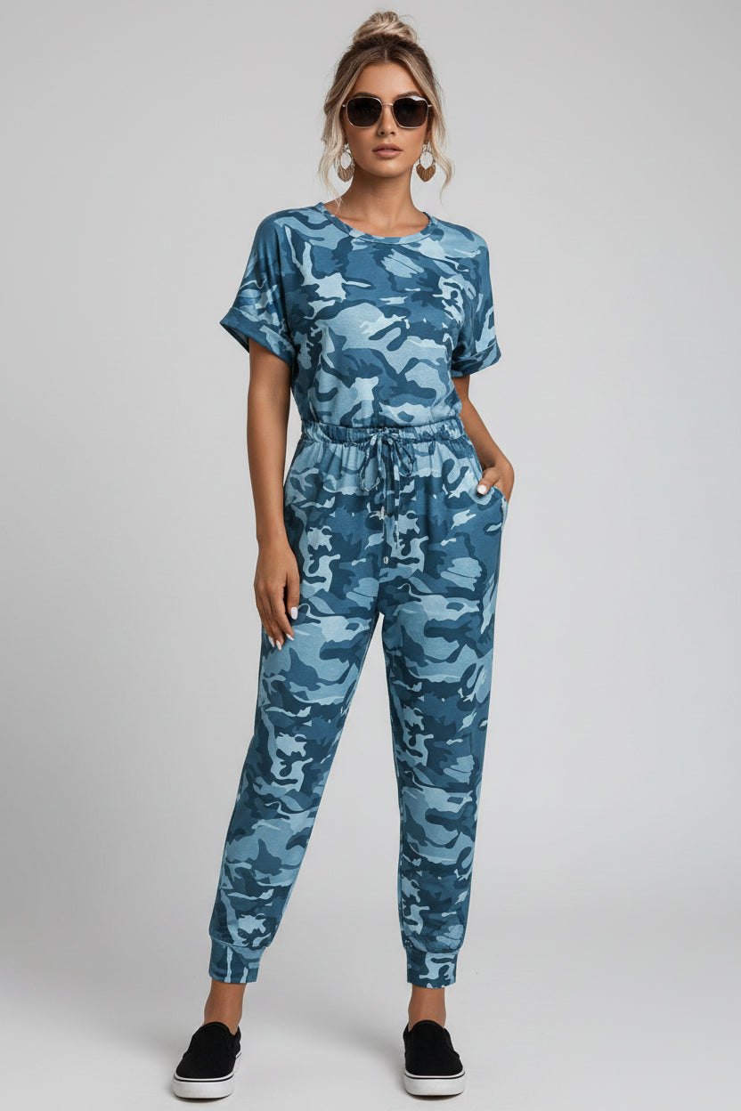 Drawstring Waist Short Sleeve Jumpsuit - cas7m
