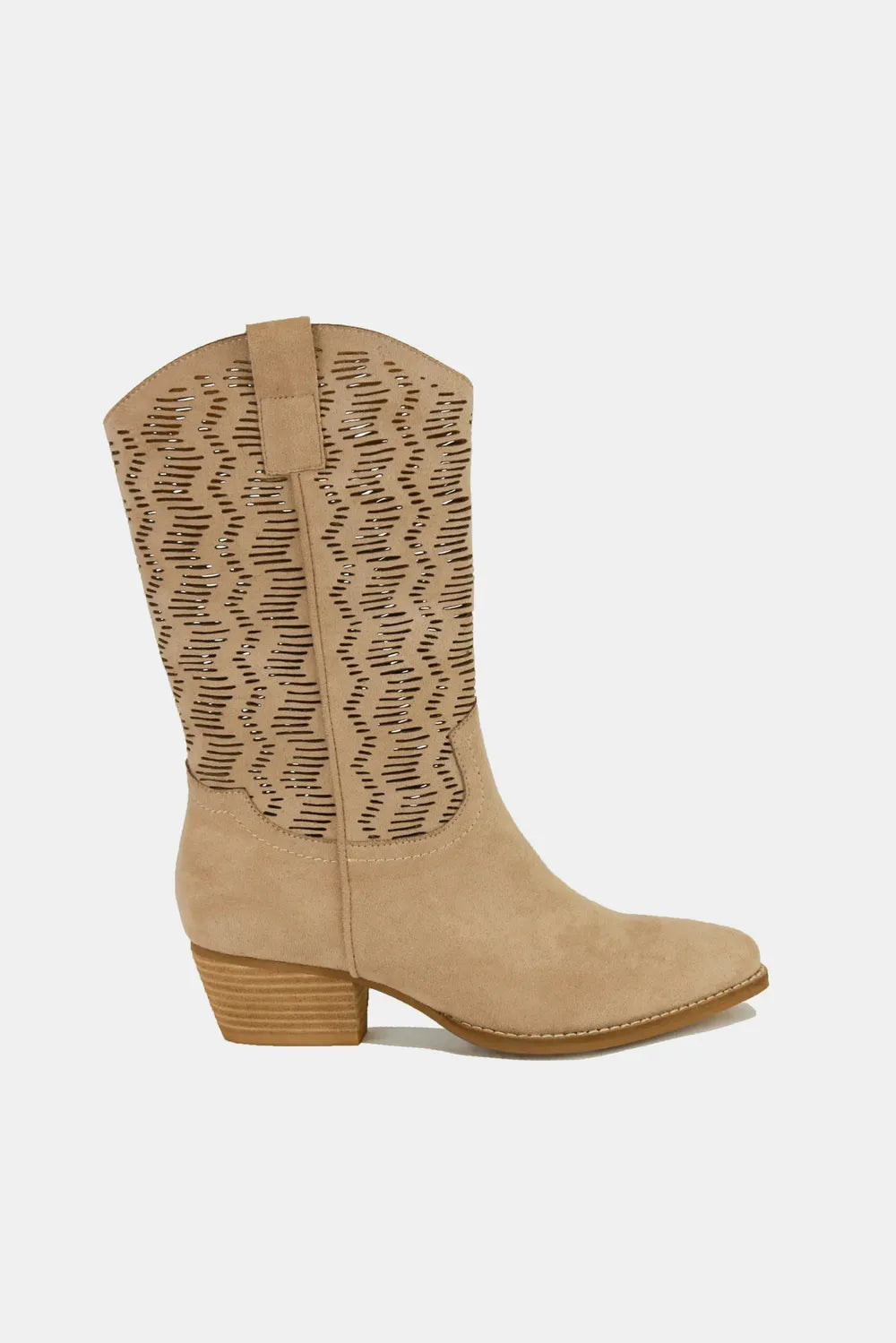 Beast Fashion Faux Suede Laser Cut Detail Block Heel Boots - cas7m