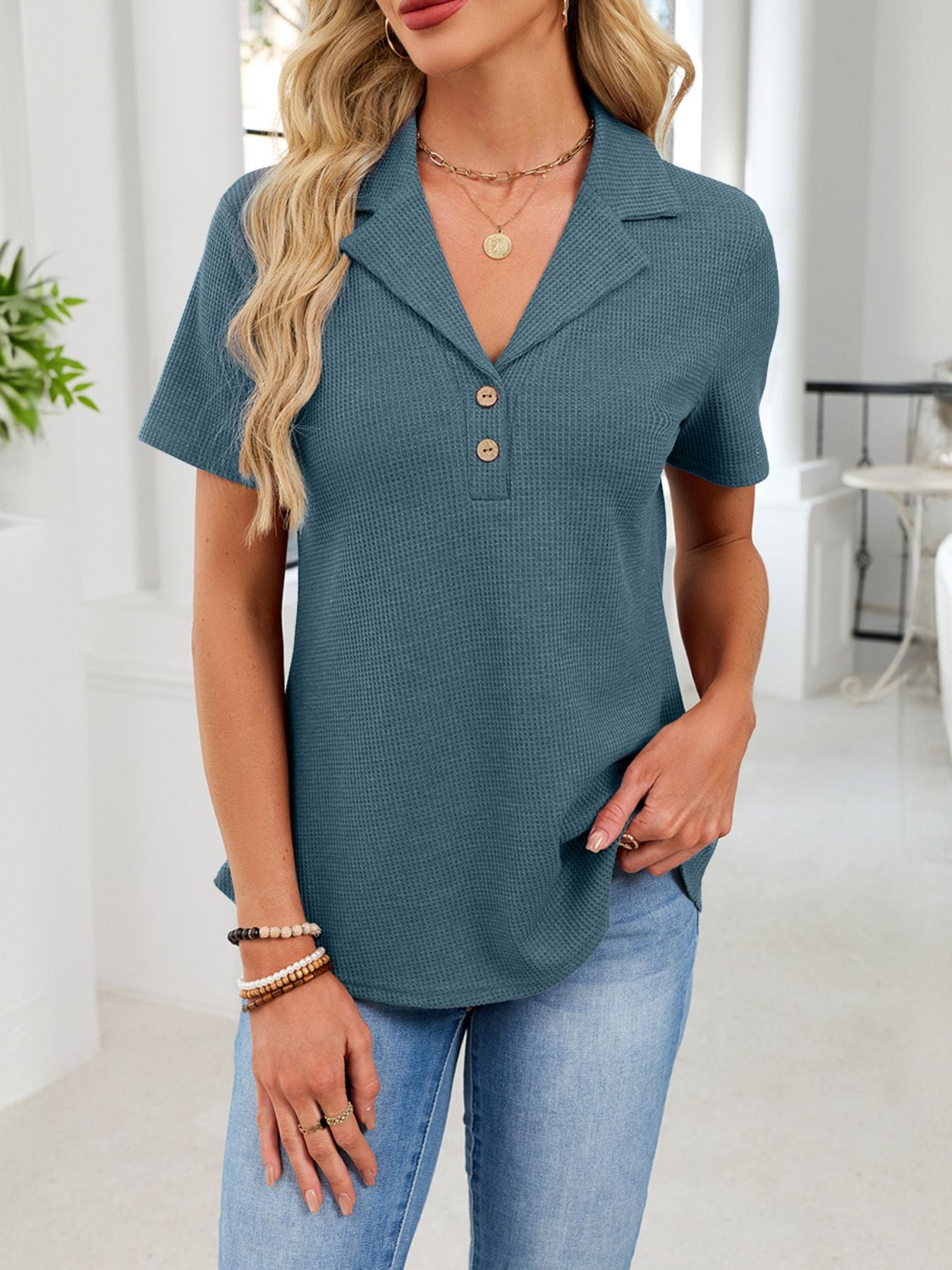 Waffle Knit Button Detail T-Shirt - cas7m