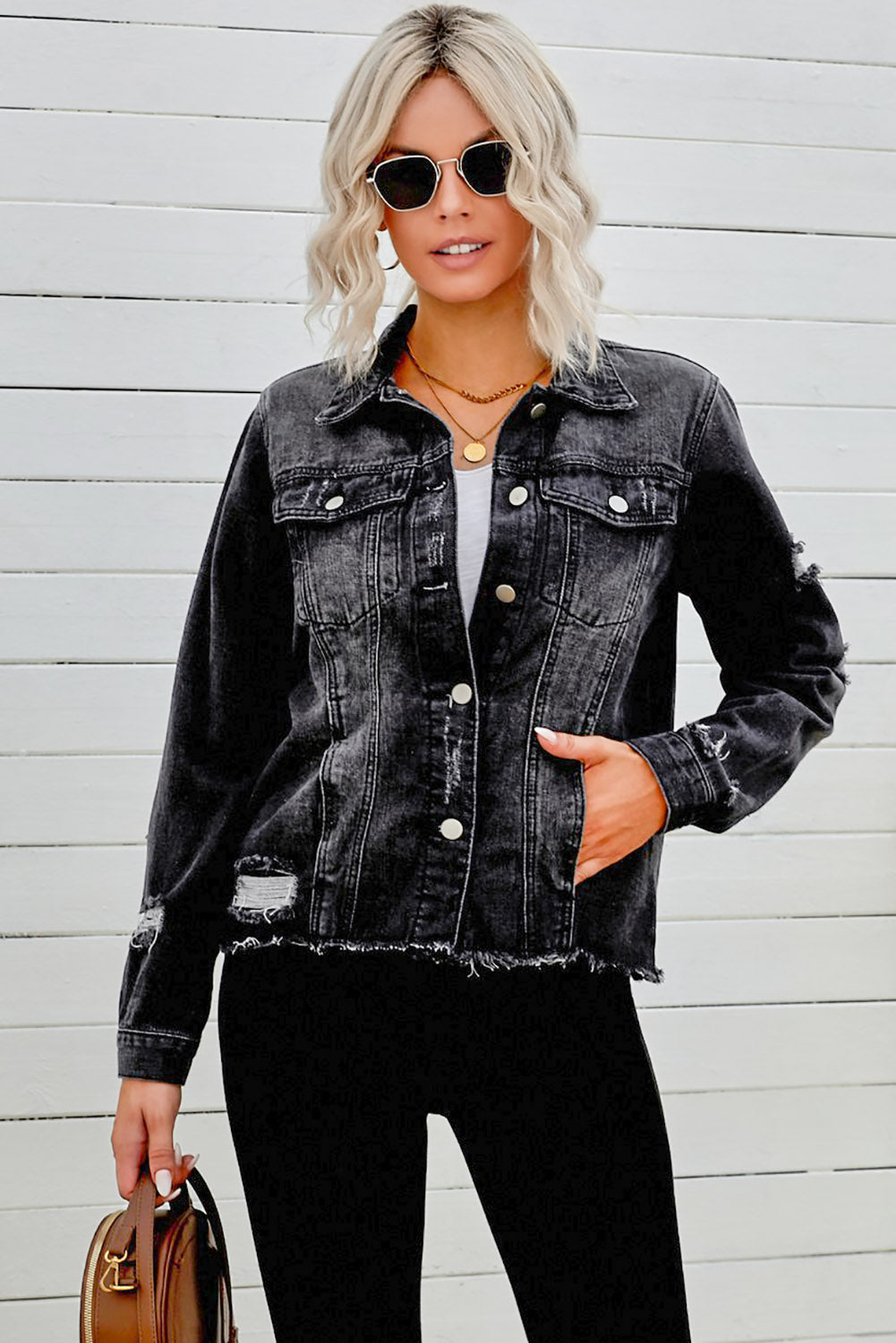 Distressed Raw Hem Buttons Denim Jacket - cas7m