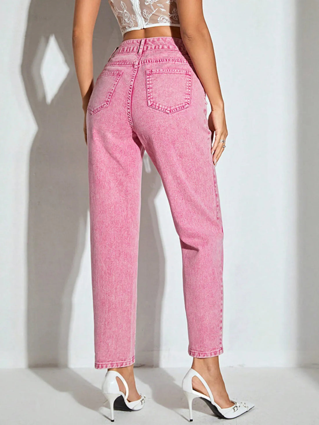 High-Waisted Wash Straight Leg Jeans - cas7m