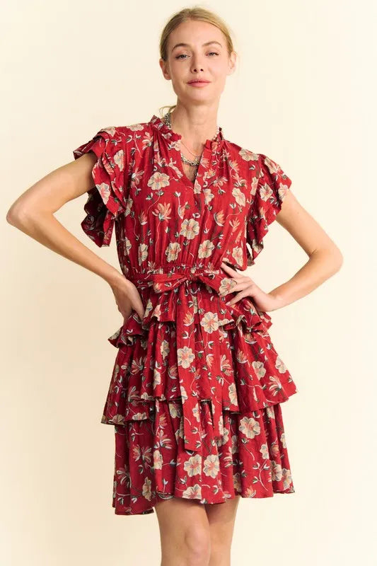Davi & Dani Ruffle Flutter Sleeve Tie Belt Tiered Mini Dress - cas7m