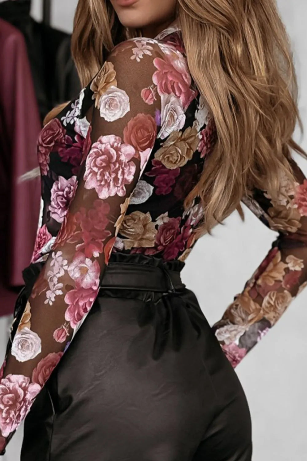 Floral Mock Neck Long Sleeve Mesh Top - cas7m