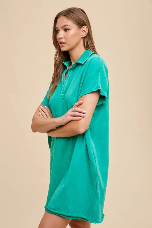 Annie Wear Mineral Washed Johnny Collar Short Sleeve Dress - cas7m