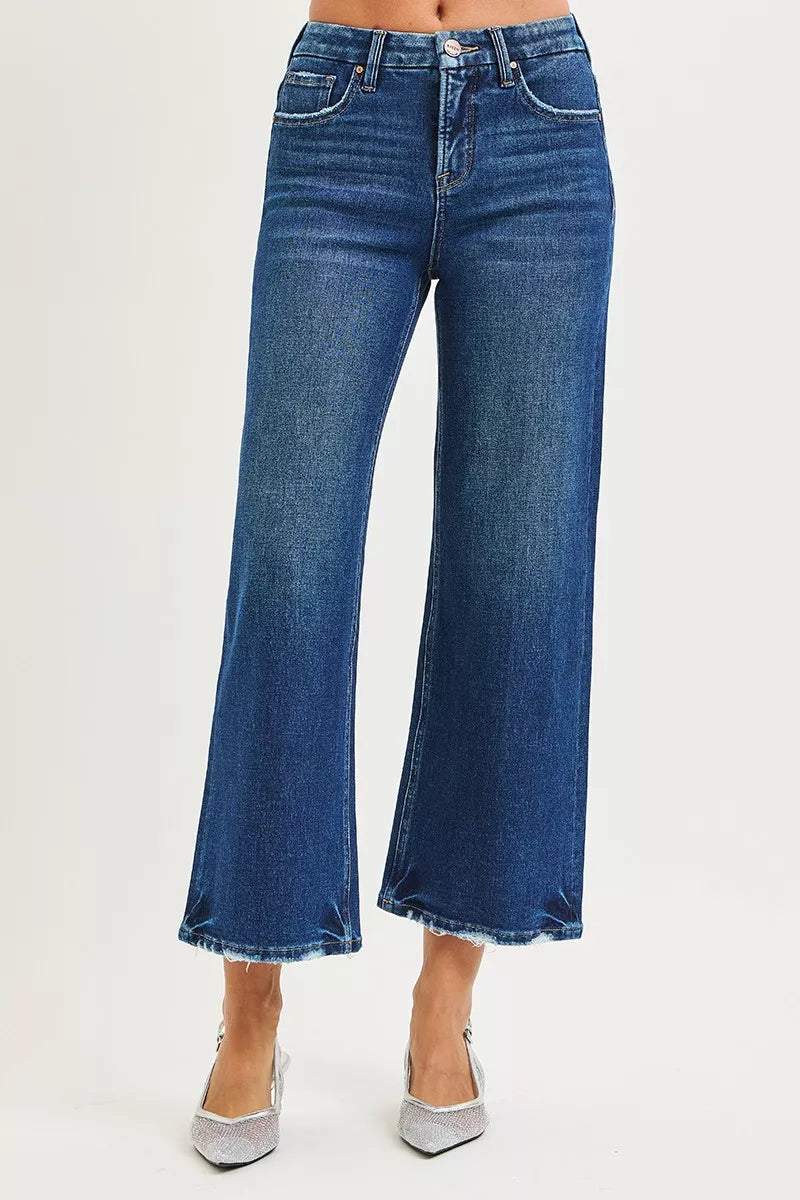 RISEN Tummy Control 4 Way Stretch High Rise Crop Wide Leg Jeans - cas7m