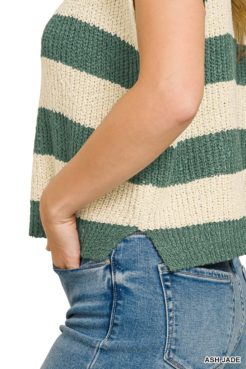Zenana Split Neck Stripe Sleevless Sweater - cas7m