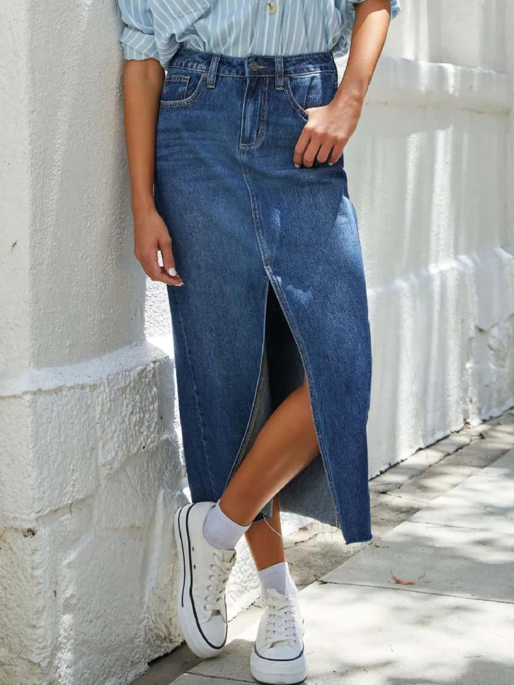 Raw Hem Front Slit Denim Midi Skirt - cas7m